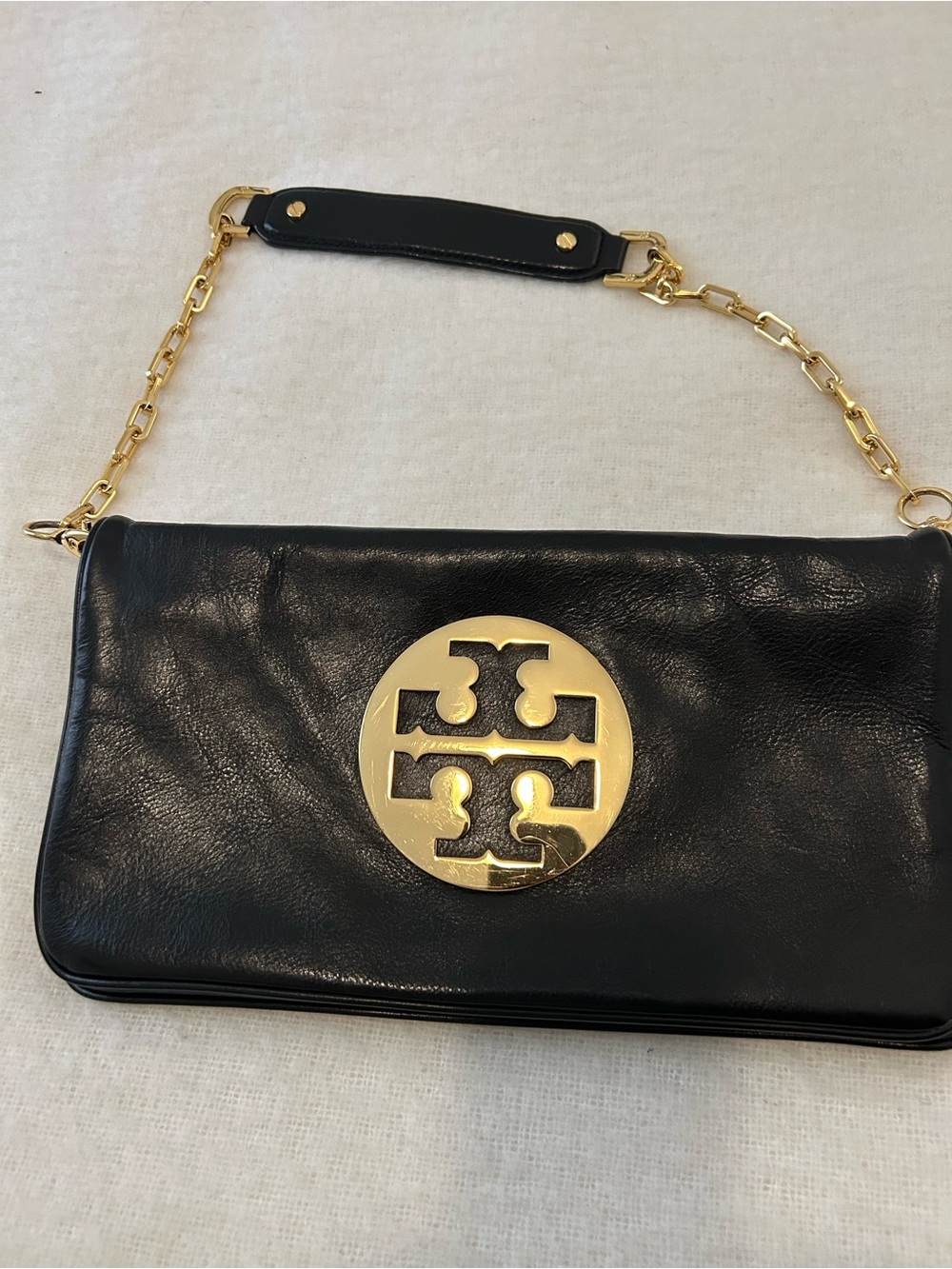 Tory Burch Black Leather Clutch with Gold Logo Chain